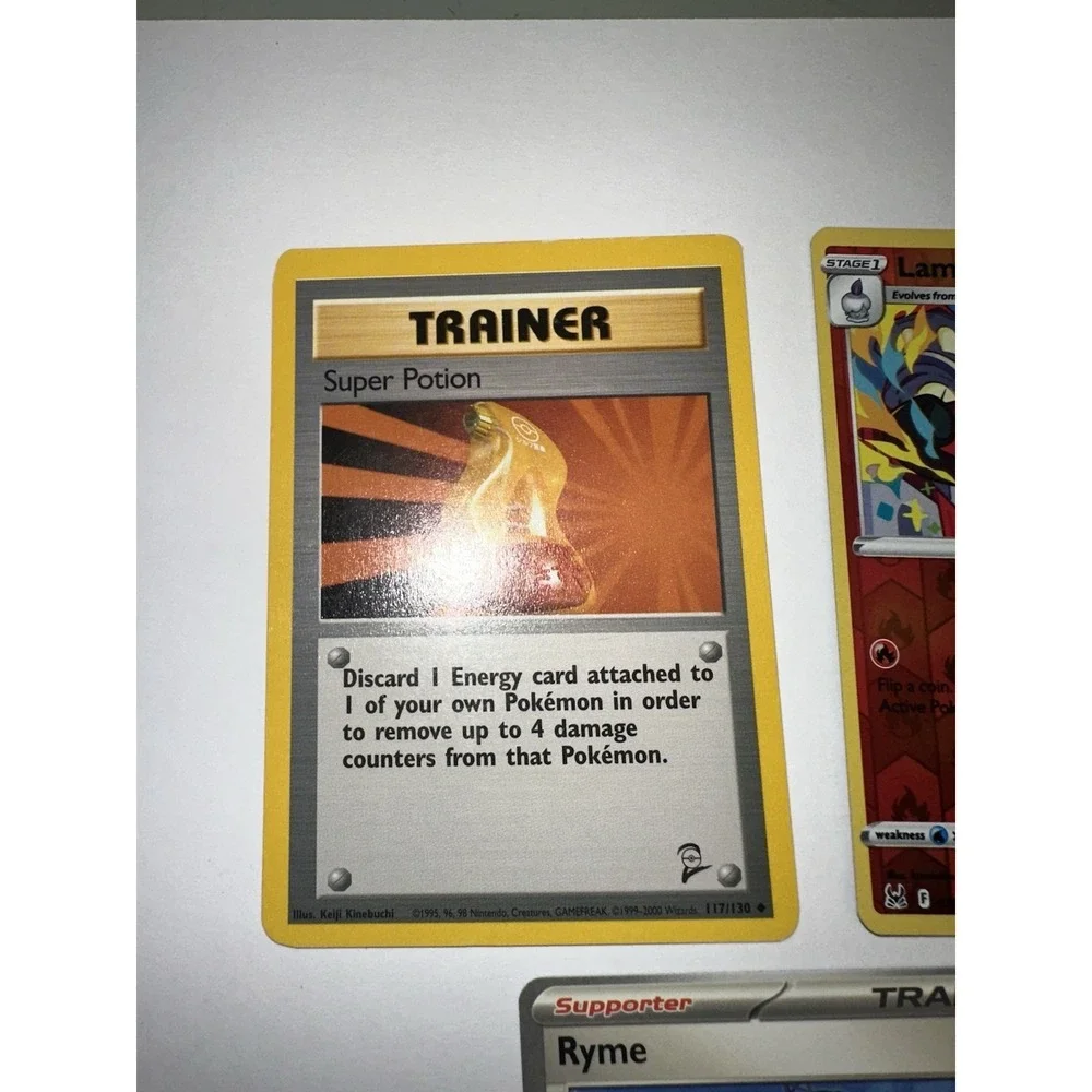 3 miscut / misprint pokemon cards ryme, super potion,‎ lampent, lp-dmg